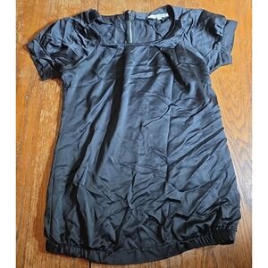 Zipper Back Womens S Black Satin Blouse Puff Sleeve Y2K Romantic Femme Goth